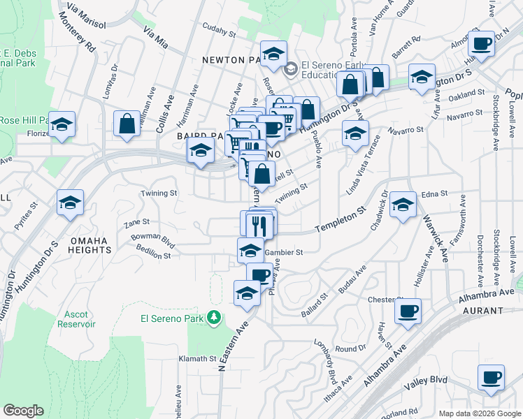 map of restaurants, bars, coffee shops, grocery stores, and more near 3248 North Eastern Avenue in Los Angeles