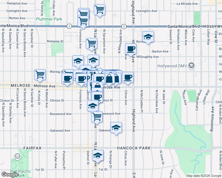 map of restaurants, bars, coffee shops, grocery stores, and more near 636 North Sycamore Avenue in Los Angeles