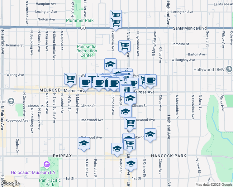 map of restaurants, bars, coffee shops, grocery stores, and more near 651 North Detroit Street in Los Angeles