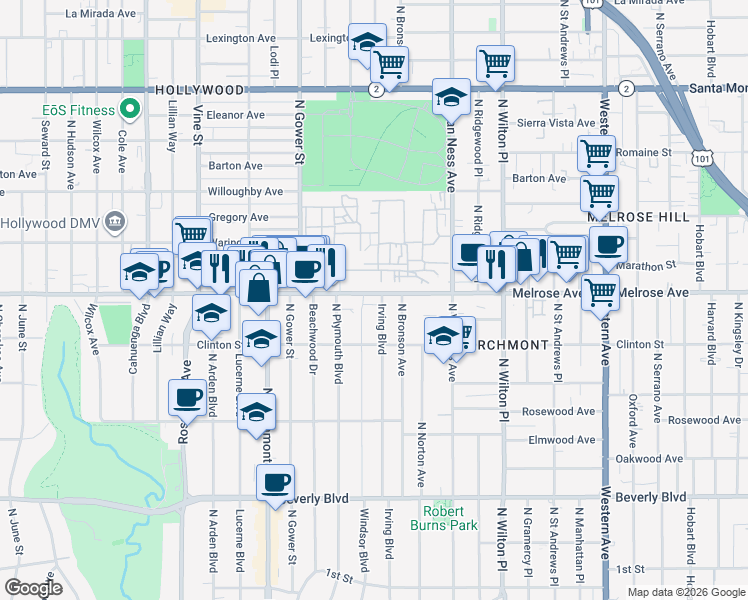 map of restaurants, bars, coffee shops, grocery stores, and more near 5426 Melrose Avenue in Los Angeles