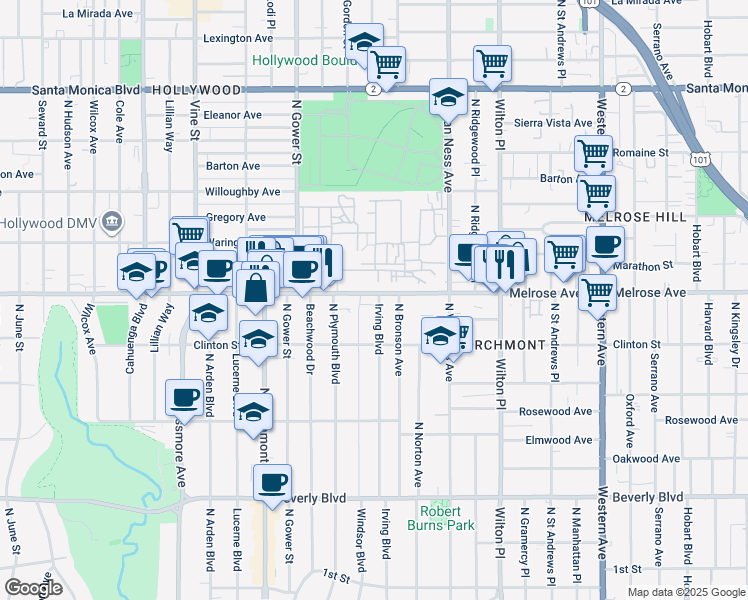 map of restaurants, bars, coffee shops, grocery stores, and more near 646 North Irving Boulevard in Los Angeles