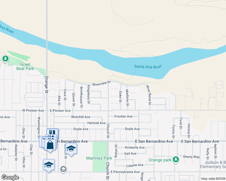 map of restaurants, bars, coffee shops, grocery stores, and more near 848 Beal Court in Redlands