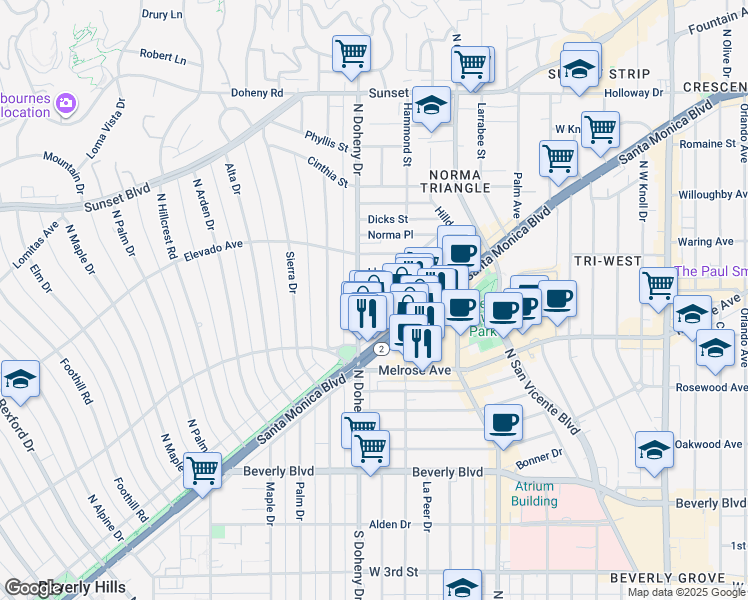 map of restaurants, bars, coffee shops, grocery stores, and more near 702 North Doheny Drive in West Hollywood