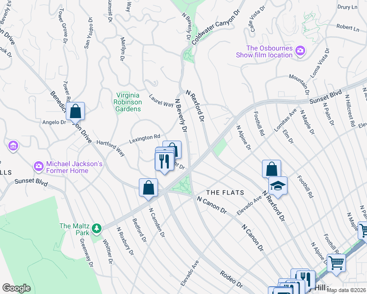 map of restaurants, bars, coffee shops, grocery stores, and more near 911 North Beverly Drive in Beverly Hills