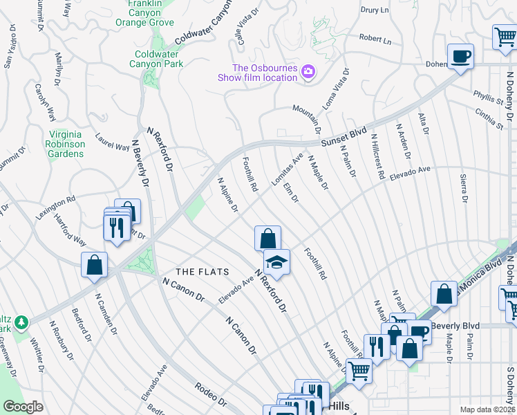 map of restaurants, bars, coffee shops, grocery stores, and more near 725 Foothill Road in Beverly Hills