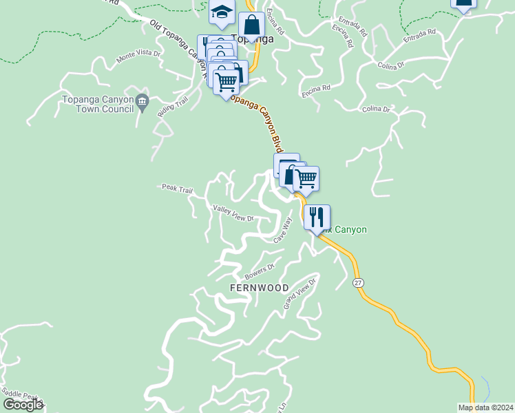 map of restaurants, bars, coffee shops, grocery stores, and more near 19606 Walnut Trail in Topanga
