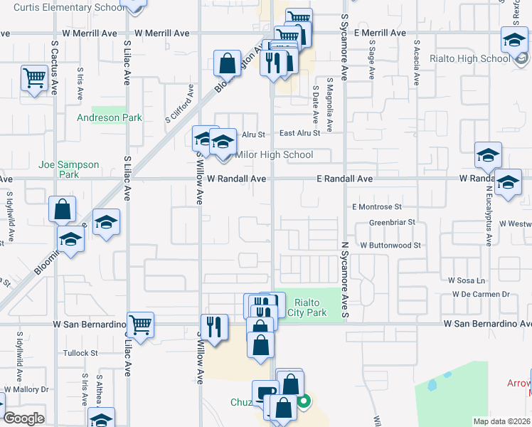 map of restaurants, bars, coffee shops, grocery stores, and more near 1004 South Riverside Avenue in Rialto
