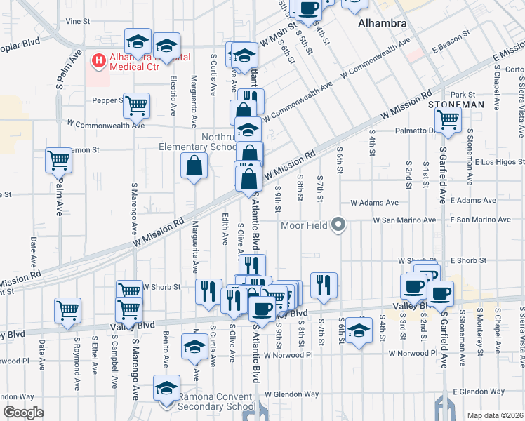 map of restaurants, bars, coffee shops, grocery stores, and more near 820 South Atlantic Boulevard in Alhambra