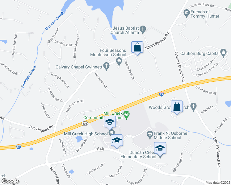 map of restaurants, bars, coffee shops, grocery stores, and more near 2095 Oakpointe Court in Buford