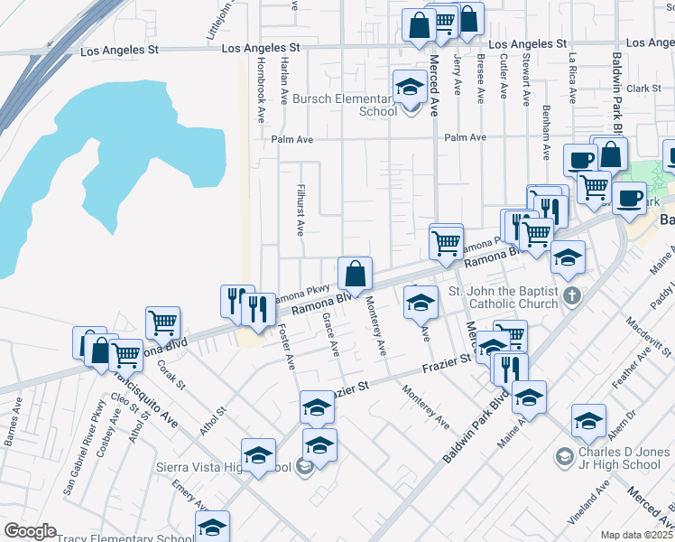 map of restaurants, bars, coffee shops, grocery stores, and more near 3915 Center Street in Baldwin Park