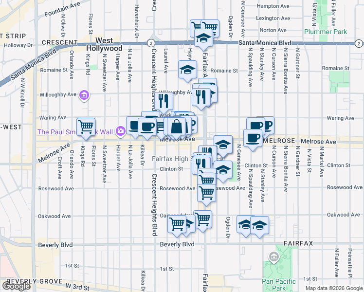 map of restaurants, bars, coffee shops, grocery stores, and more near 658 North Edinburgh Avenue in West Hollywood