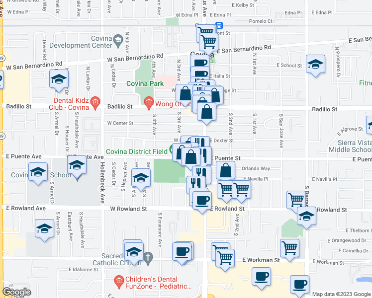 map of restaurants, bars, coffee shops, grocery stores, and more near 167 West Redwood Court in Covina