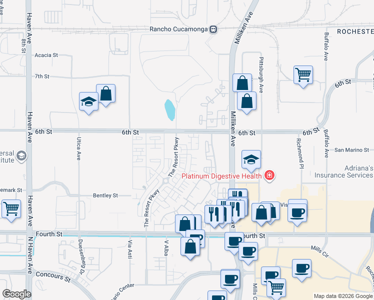 map of restaurants, bars, coffee shops, grocery stores, and more near 9463 Retreat Place in Rancho Cucamonga