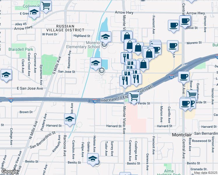 map of restaurants, bars, coffee shops, grocery stores, and more near 9382 Shadowood Drive in Montclair