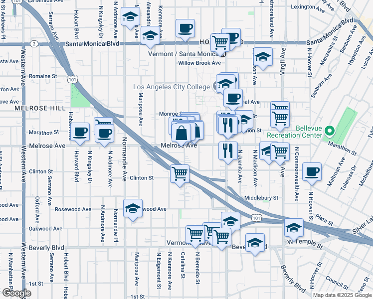 map of restaurants, bars, coffee shops, grocery stores, and more near 659 North Berendo Street in Los Angeles
