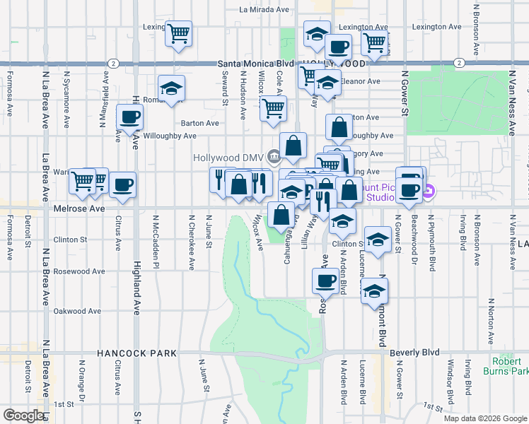 map of restaurants, bars, coffee shops, grocery stores, and more near 5944 Melrose Avenue in Los Angeles