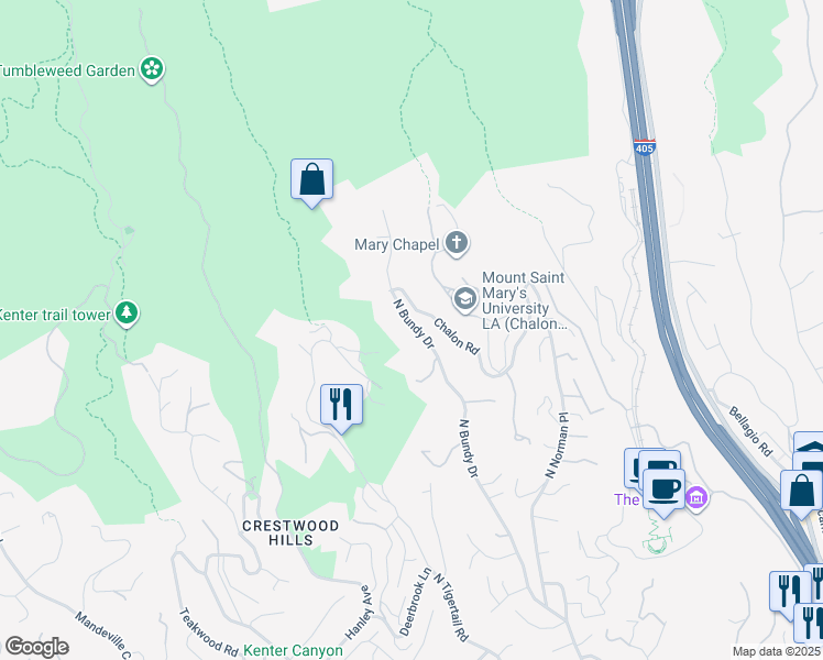 map of restaurants, bars, coffee shops, grocery stores, and more near 1401 North Bundy Drive in Los Angeles