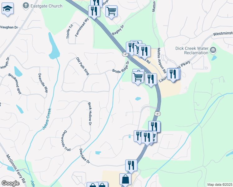 map of restaurants, bars, coffee shops, grocery stores, and more near 3430 Parsons Run in Suwanee