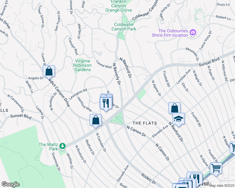 map of restaurants, bars, coffee shops, grocery stores, and more near 911 North Beverly Drive in Beverly Hills