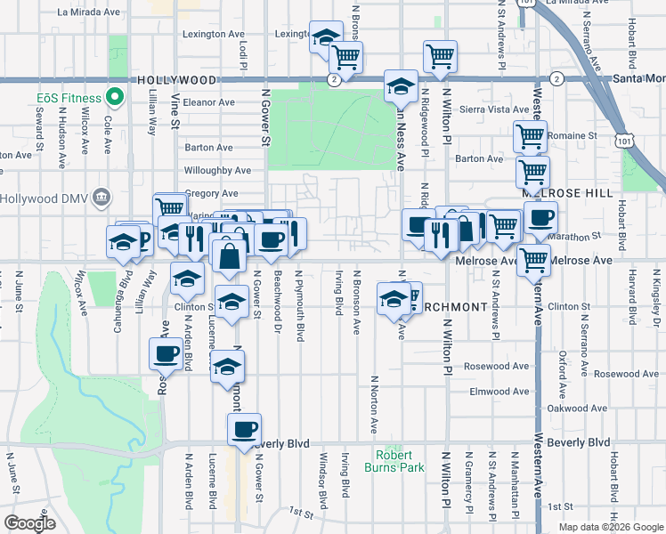 map of restaurants, bars, coffee shops, grocery stores, and more near 5426 Melrose Avenue in Los Angeles