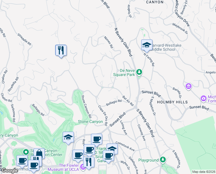 map of restaurants, bars, coffee shops, grocery stores, and more near 332 Bel Air Road in Los Angeles