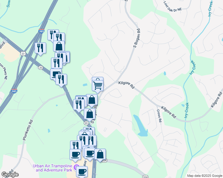 map of restaurants, bars, coffee shops, grocery stores, and more near 2040 Harvest Ridge Circle Northeast in Buford