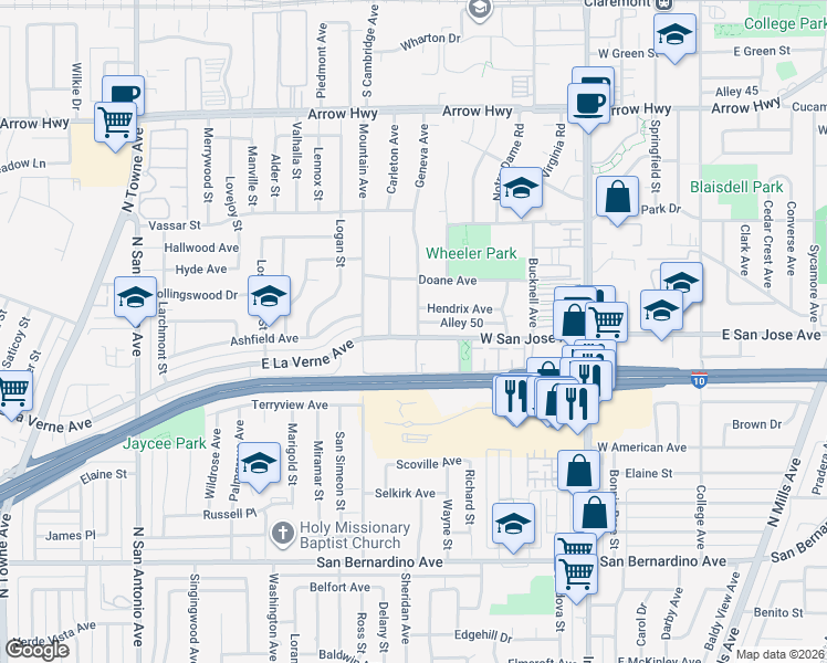 map of restaurants, bars, coffee shops, grocery stores, and more near 695 West San Jose Avenue in Claremont