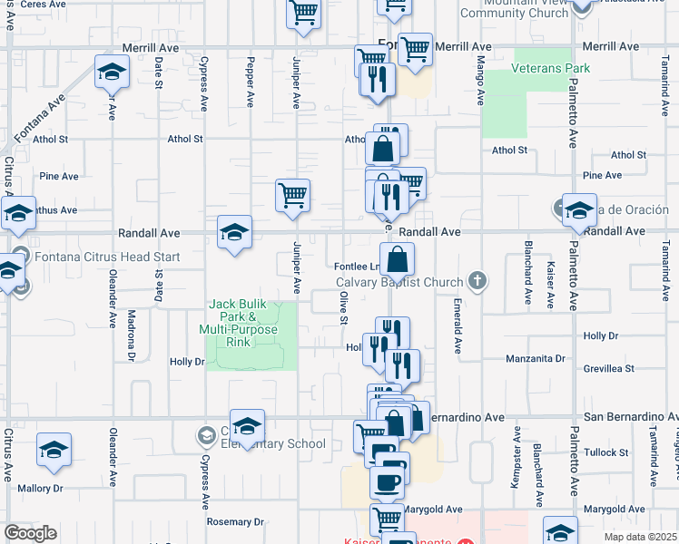 map of restaurants, bars, coffee shops, grocery stores, and more near 9386 Olive Street in Fontana