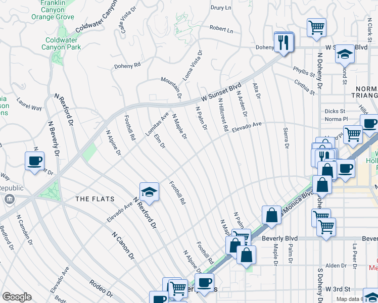 map of restaurants, bars, coffee shops, grocery stores, and more near 703 North Maple Drive in Beverly Hills