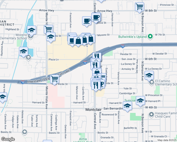 map of restaurants, bars, coffee shops, grocery stores, and more near 9404 Central Avenue in Montclair