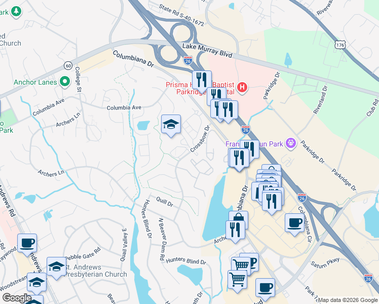 map of restaurants, bars, coffee shops, grocery stores, and more near 299 Crossbow Drive in Columbia