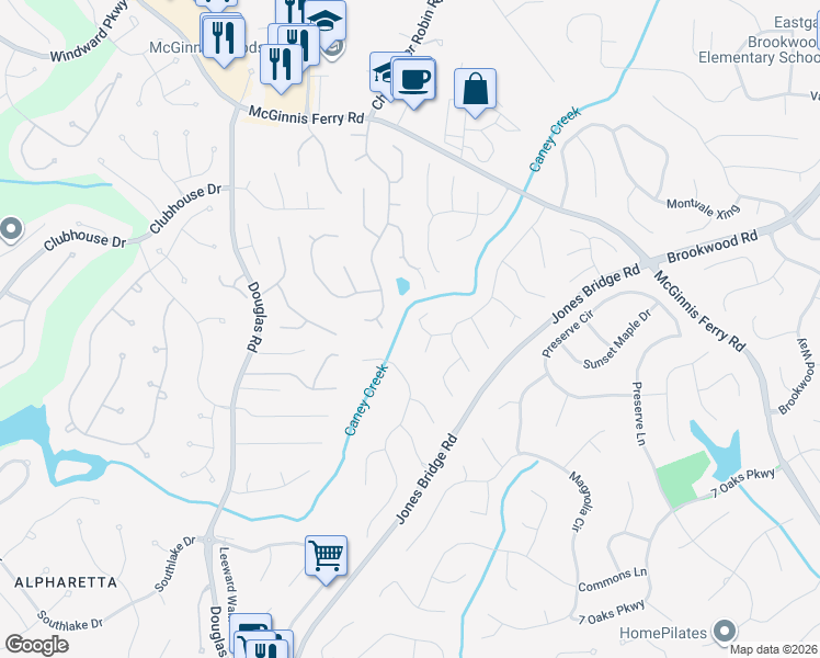 map of restaurants, bars, coffee shops, grocery stores, and more near 150 Mirrowood Lane in Alpharetta
