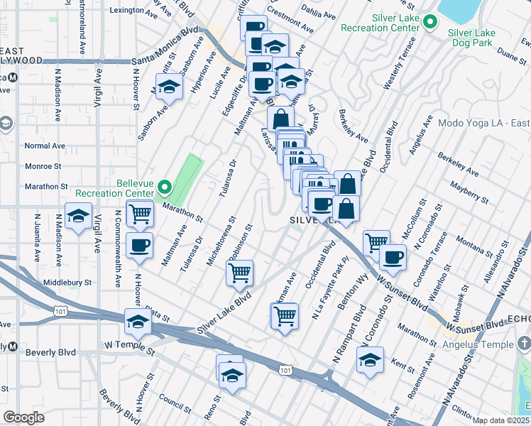 map of restaurants, bars, coffee shops, grocery stores, and more near 3300 Descanso Drive in Los Angeles