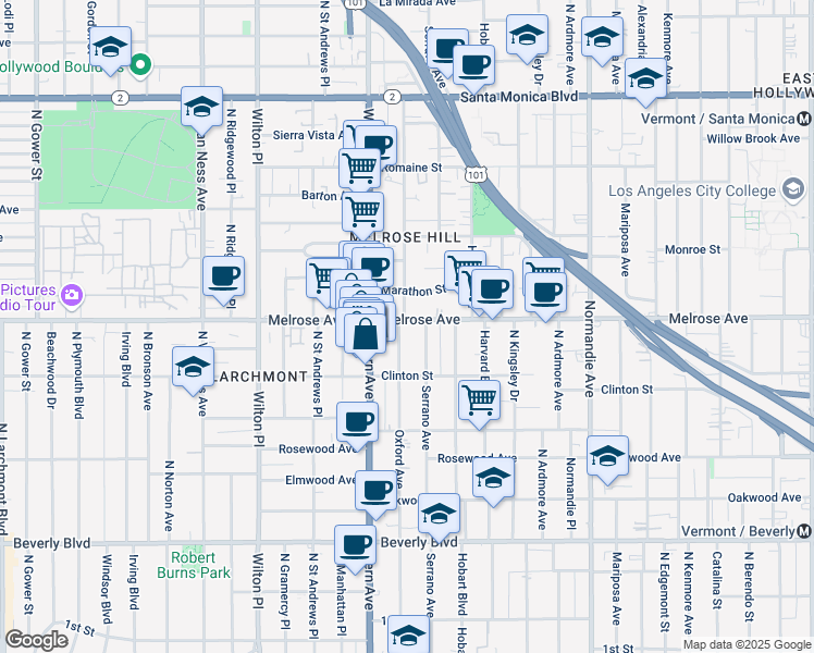 map of restaurants, bars, coffee shops, grocery stores, and more near 644 North Oxford Avenue in Los Angeles