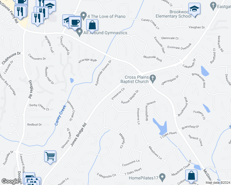 map of restaurants, bars, coffee shops, grocery stores, and more near 5605 Preserve Circle in Alpharetta