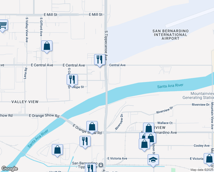 map of restaurants, bars, coffee shops, grocery stores, and more near 1025 South Tippecanoe Avenue in San Bernardino
