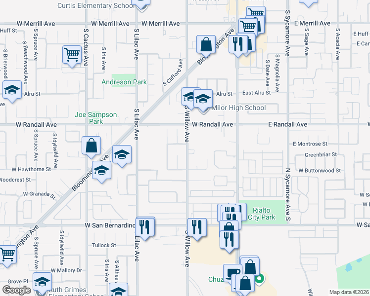 map of restaurants, bars, coffee shops, grocery stores, and more near 1010 South Willow Avenue in Rialto