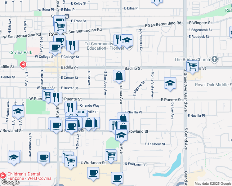 map of restaurants, bars, coffee shops, grocery stores, and more near 457 East Puente Street in Covina