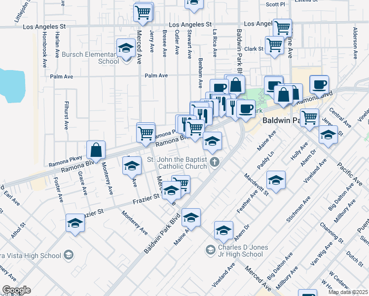map of restaurants, bars, coffee shops, grocery stores, and more near 13940 Ramona Boulevard in Baldwin Park