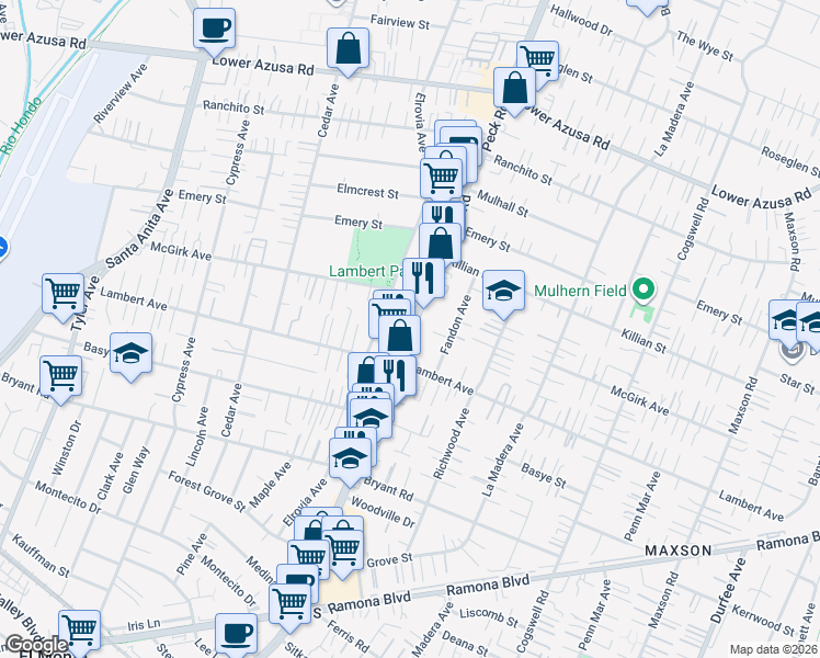 map of restaurants, bars, coffee shops, grocery stores, and more near 4333 Peck Road in El Monte