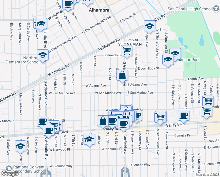 map of restaurants, bars, coffee shops, grocery stores, and more near 1048 South 2nd Street in Alhambra