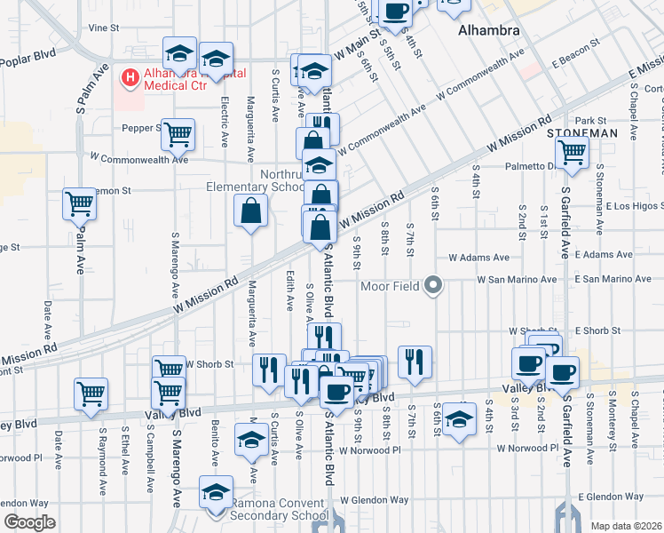 map of restaurants, bars, coffee shops, grocery stores, and more near 820 South Atlantic Boulevard in Alhambra