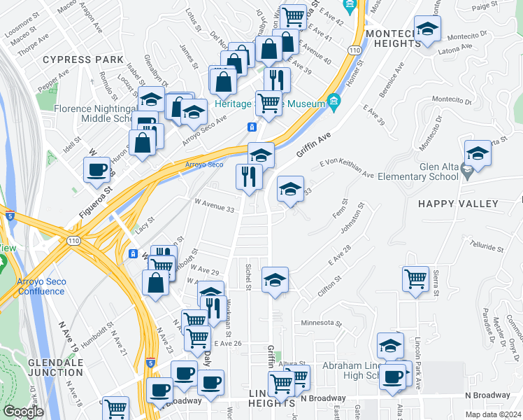 map of restaurants, bars, coffee shops, grocery stores, and more near 3236 Griffin Avenue in Los Angeles