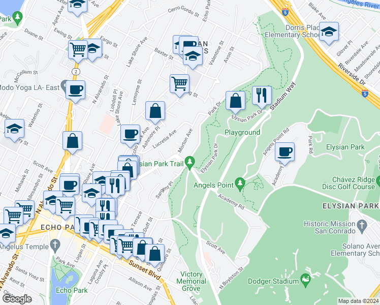 map of restaurants, bars, coffee shops, grocery stores, and more near 1811 Park Drive in Los Angeles