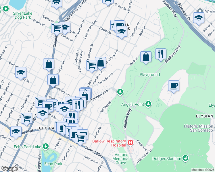 map of restaurants, bars, coffee shops, grocery stores, and more near 1751 Morton Avenue in Los Angeles