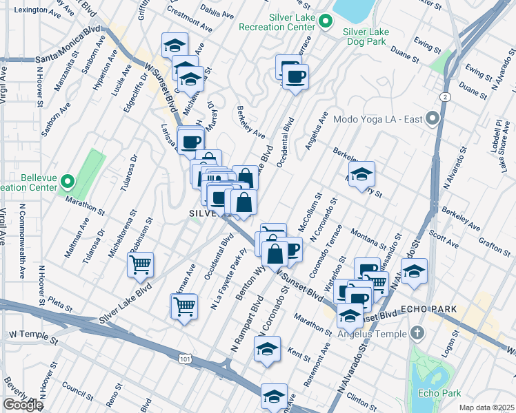 map of restaurants, bars, coffee shops, grocery stores, and more near 1315 Angelus Avenue in Los Angeles