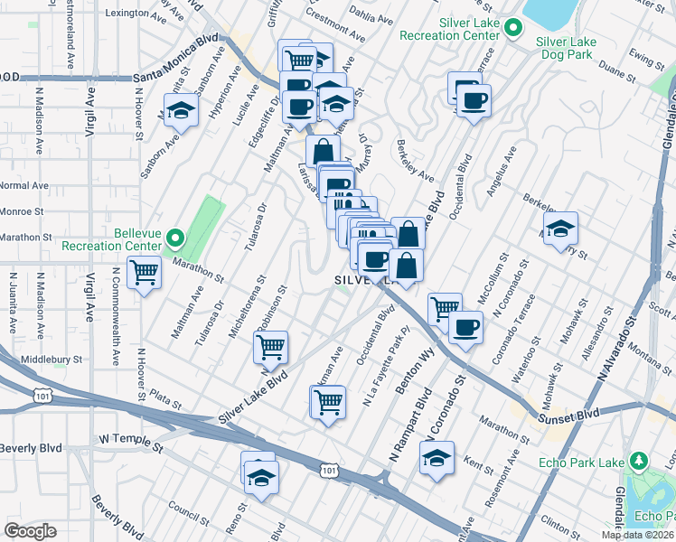 map of restaurants, bars, coffee shops, grocery stores, and more near in Los Angeles