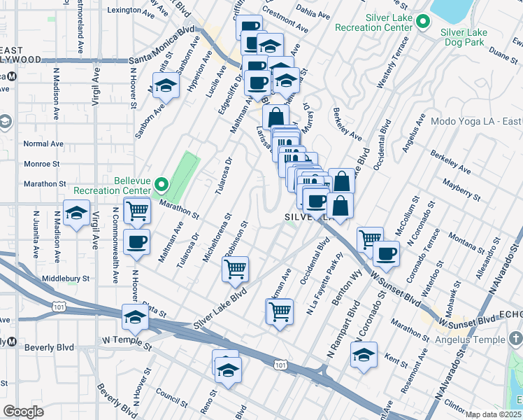 map of restaurants, bars, coffee shops, grocery stores, and more near 3300 Descanso Drive in Los Angeles