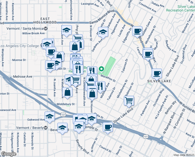 map of restaurants, bars, coffee shops, grocery stores, and more near 712 Lucile Avenue in Los Angeles