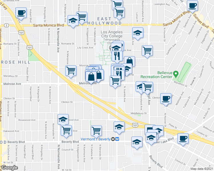 map of restaurants, bars, coffee shops, grocery stores, and more near 641 North New Hampshire Avenue in Los Angeles